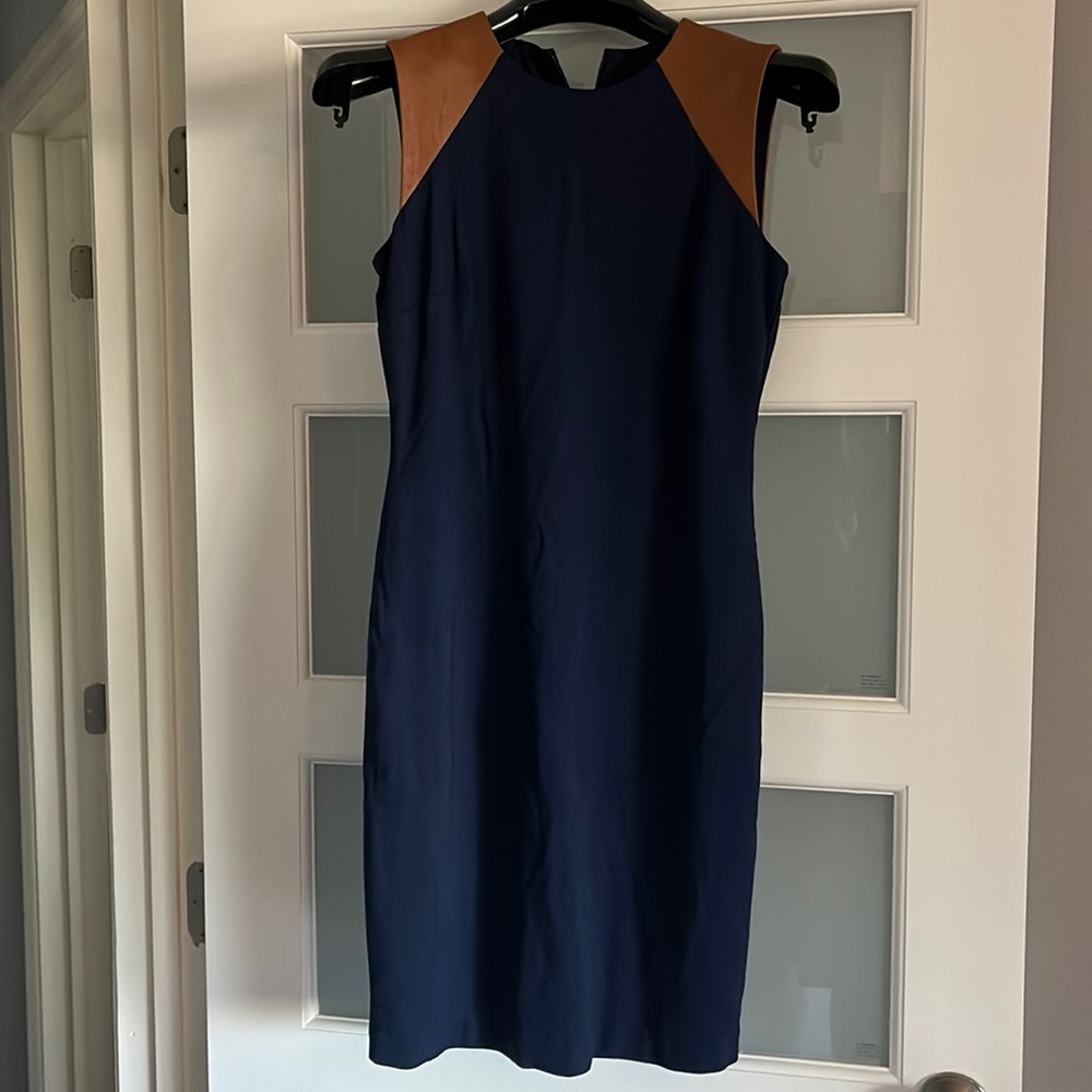 NWT Ralph Lauren navy blue dress with tan leather shoulder accents